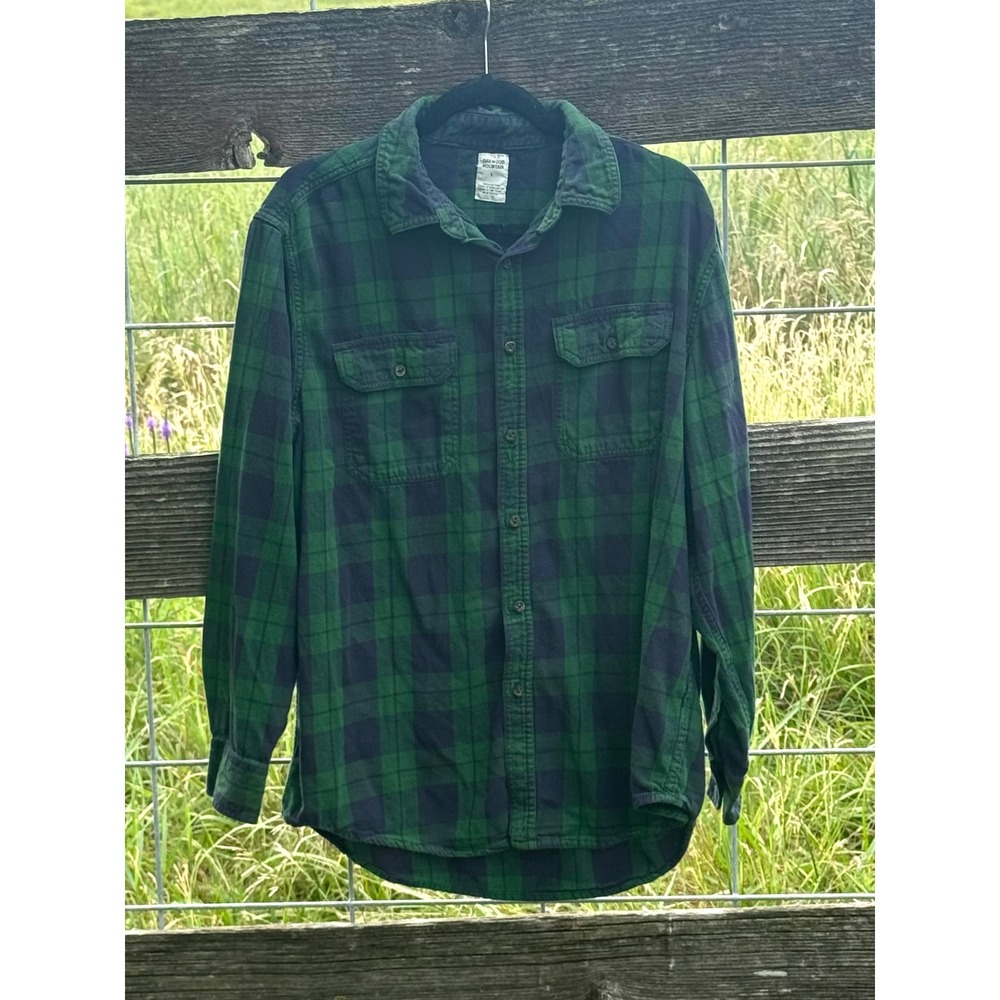 Oakwood Mountain Mens Flannel Shirt L Green Navy Blue‎ Plaid Button Down Cotton